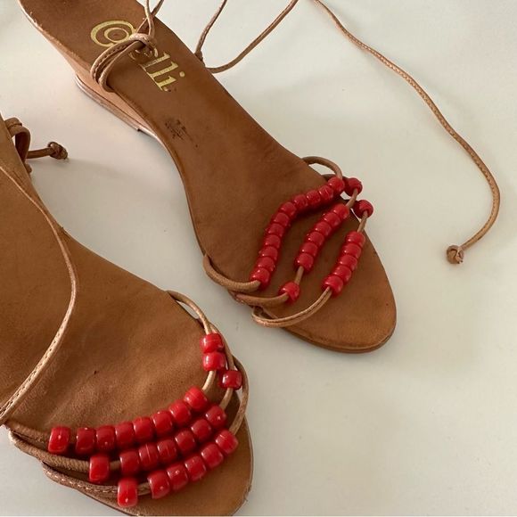 Vintage Red Beaded Leather Ankle Wrap Wedges - Picture 2 of 10